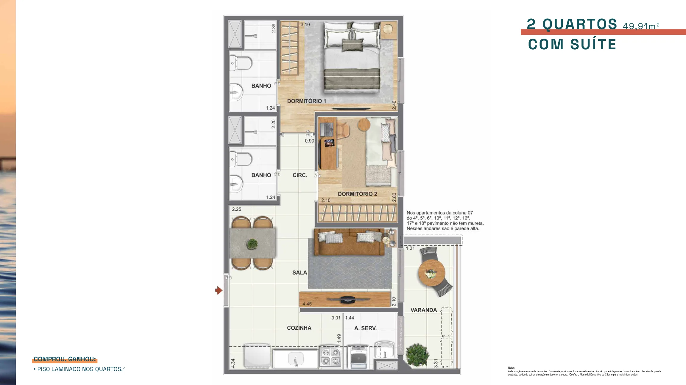 2 quartos com suíte — 49,91 m²