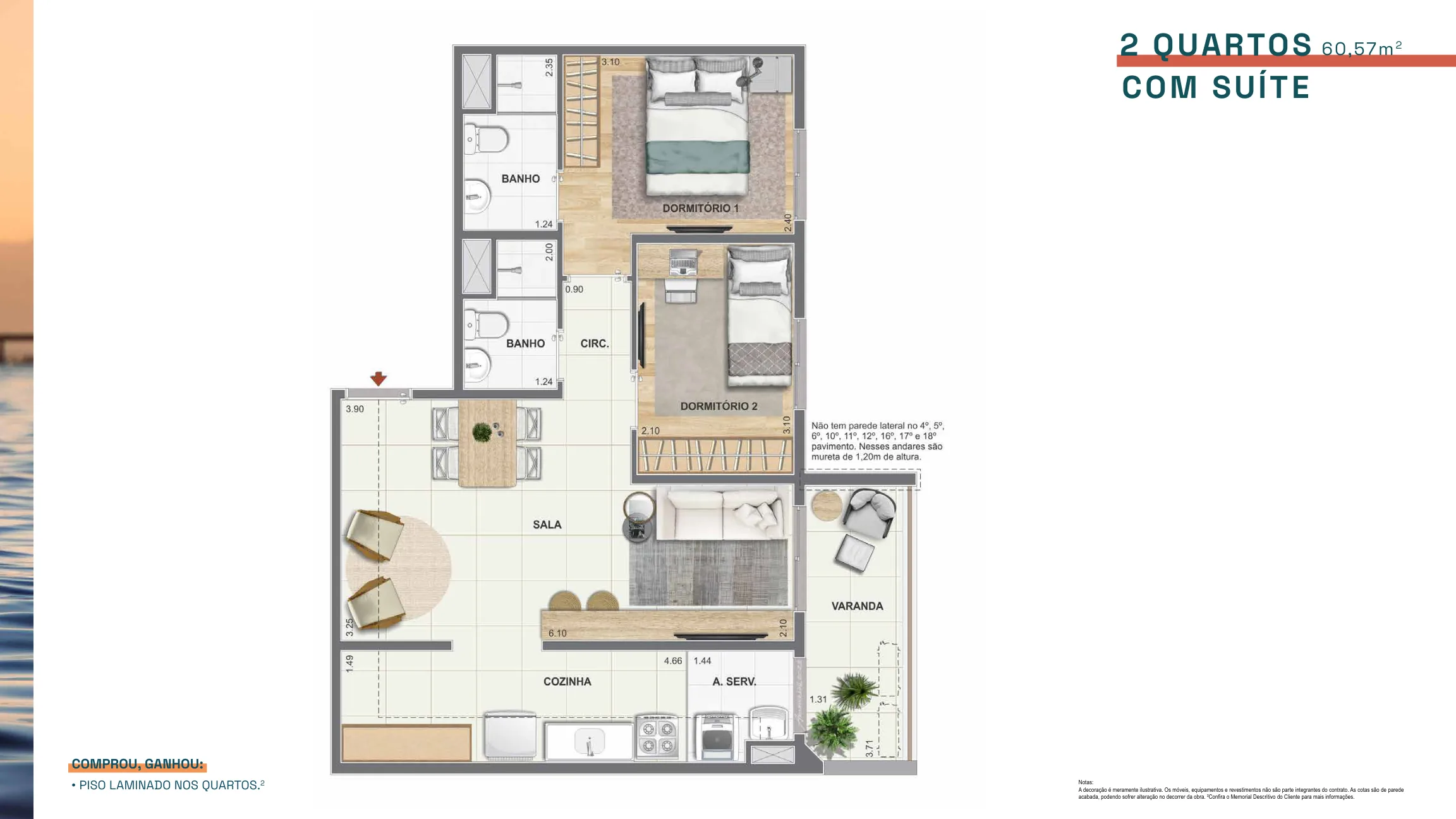 2 quartos com suíte — 60,57 m²