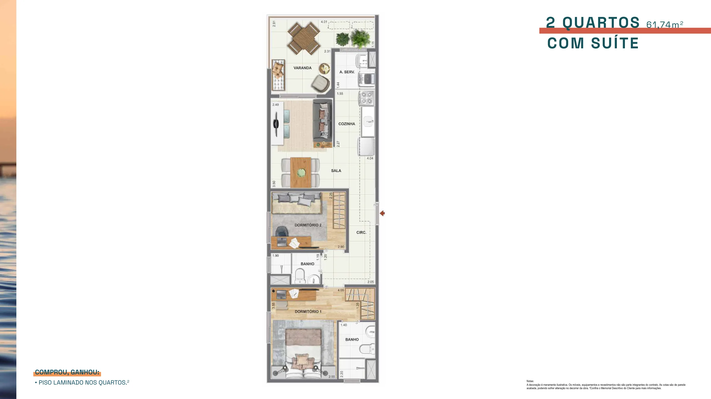 2 quartos com suíte — 61,74 m²