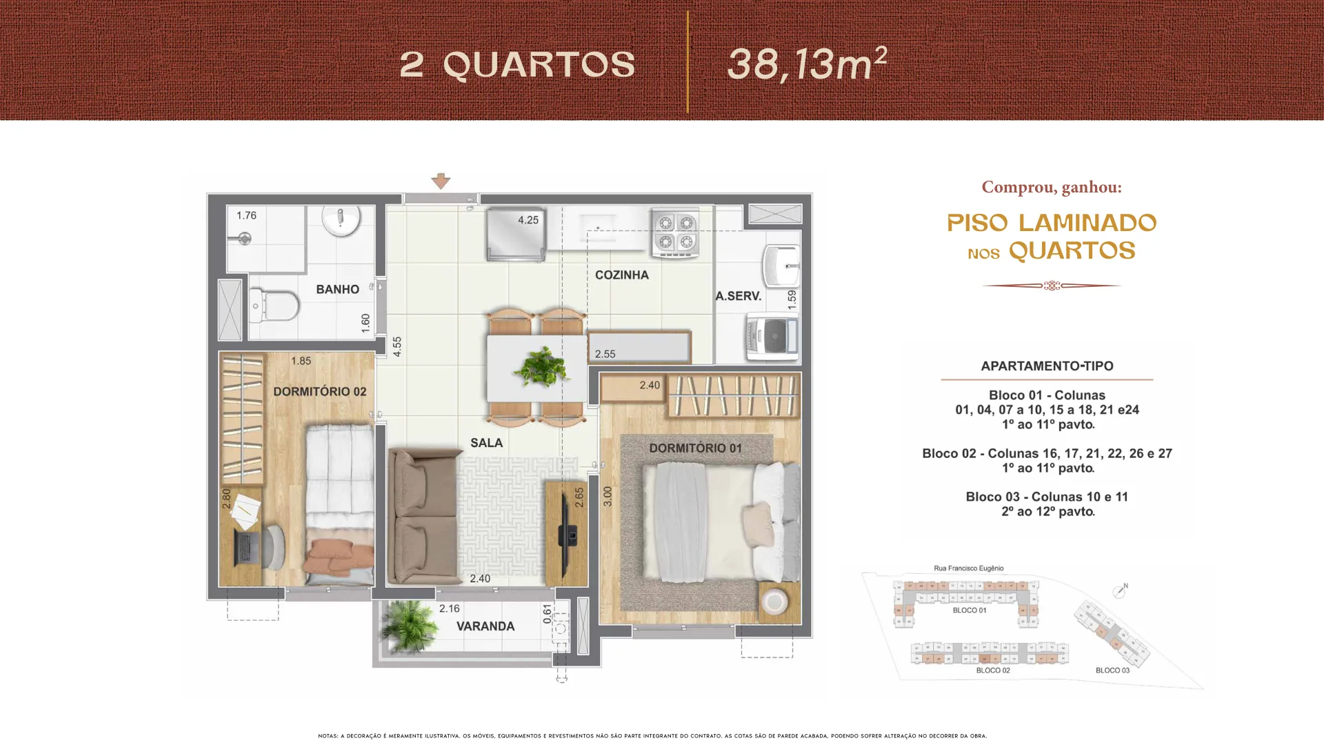 Planta — 2 quartos, 38,13 m²