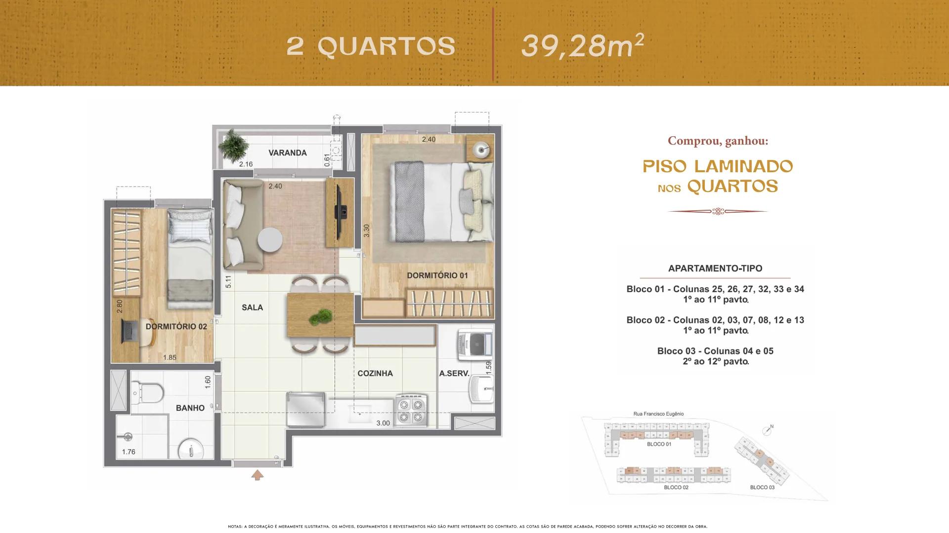 Planta — 2 quartos, 39,28 m²