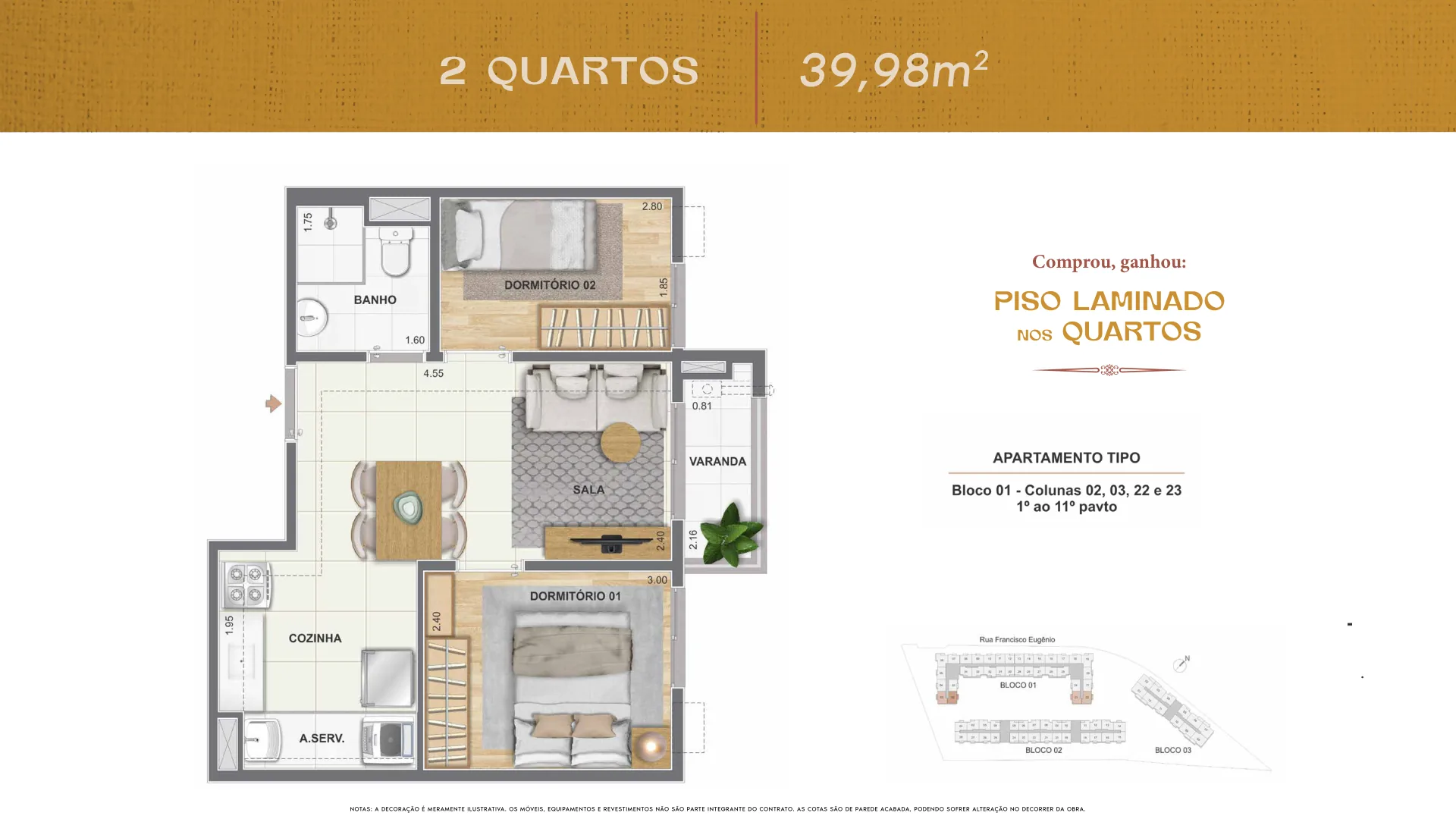 Planta — 2 quartos, 39,98 m²