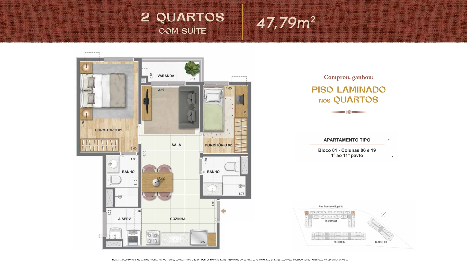 Planta — 2 quartos, 47,79 m² com suíte