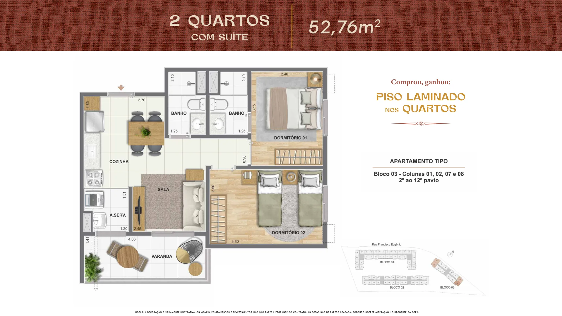 Planta — 2 quartos, 52,76 m² com suíte