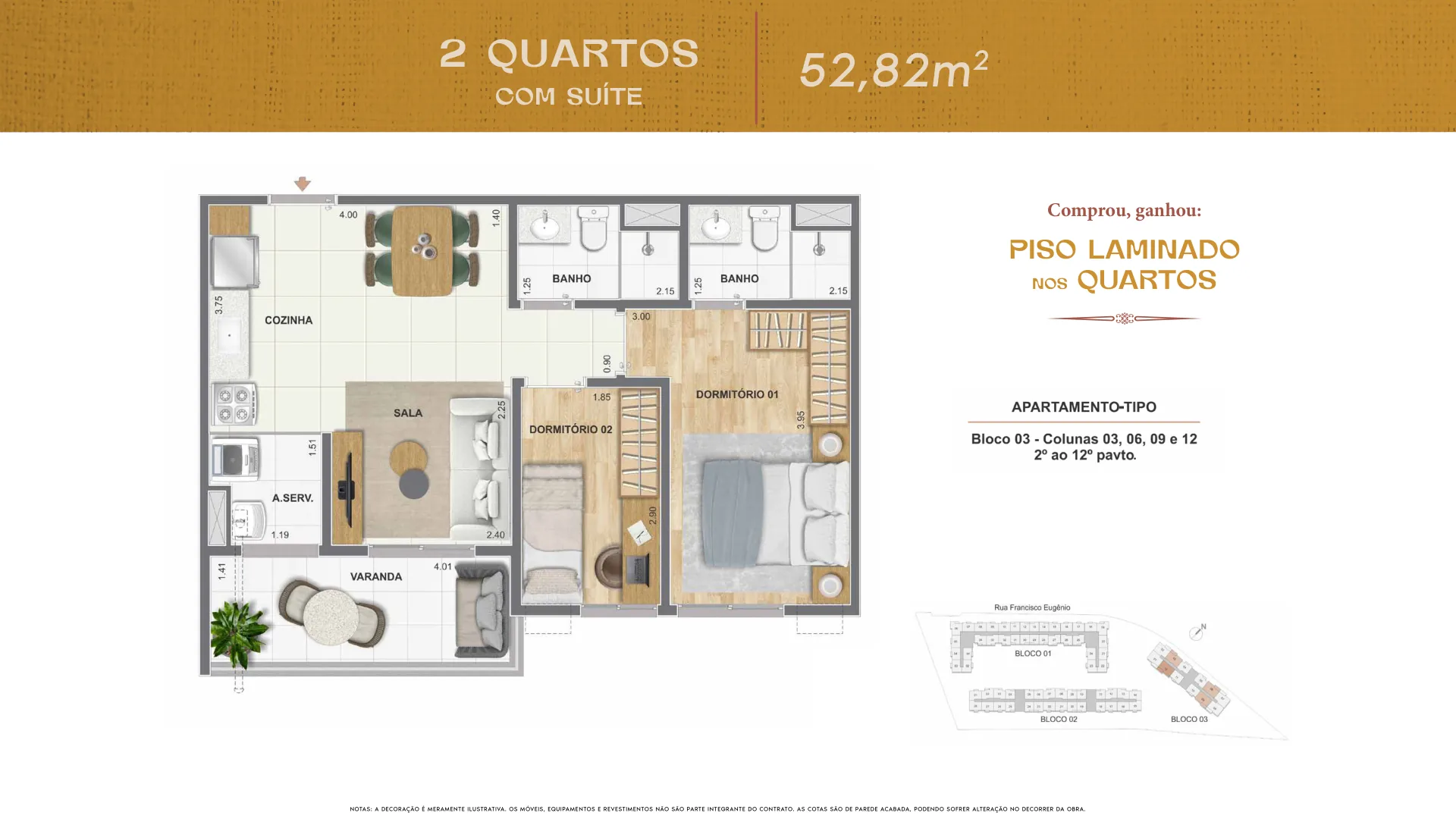 Planta — 2 quartos, 52,82 m² com suíte