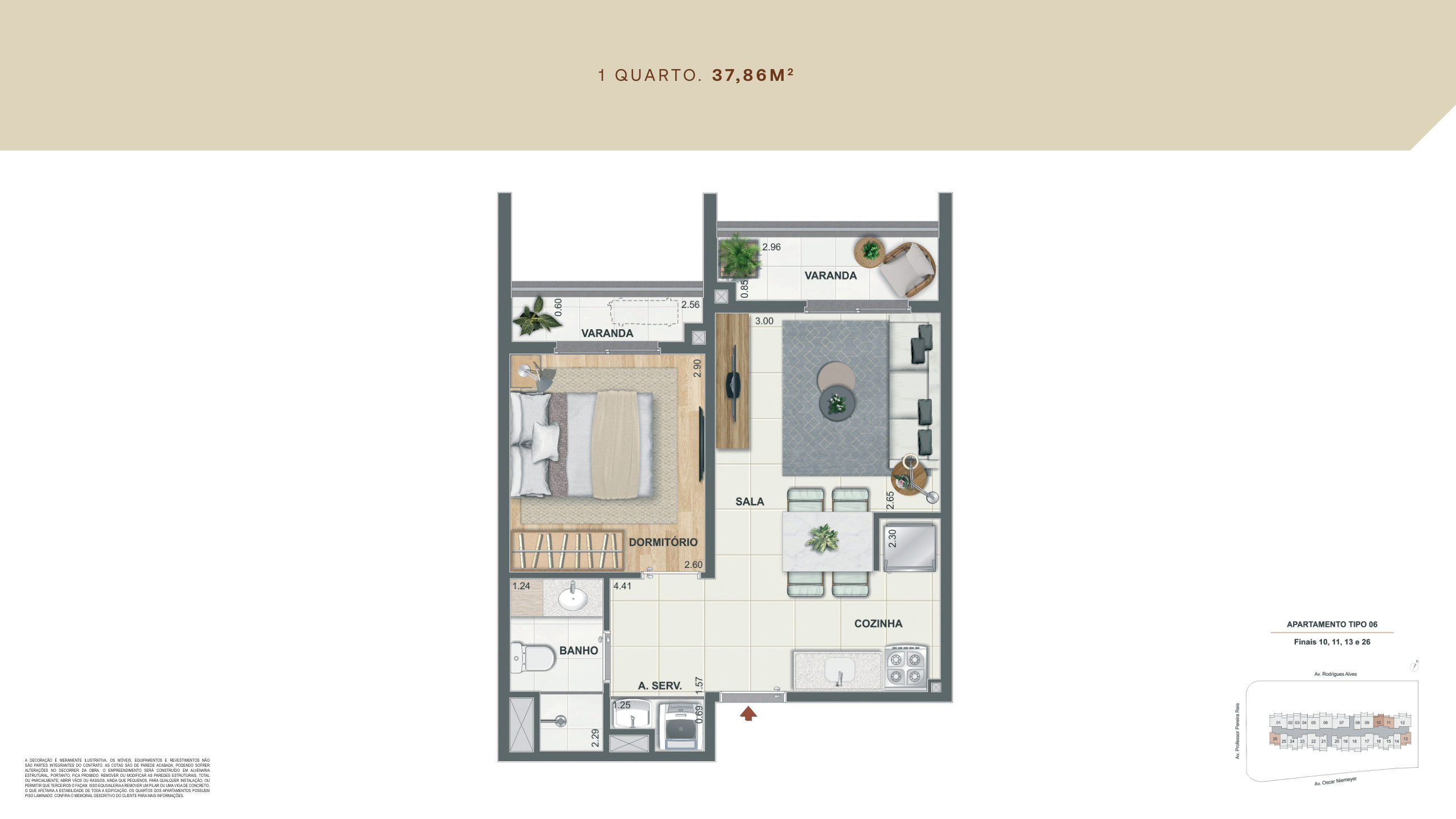 Planta 1 quarto 37,86 m²