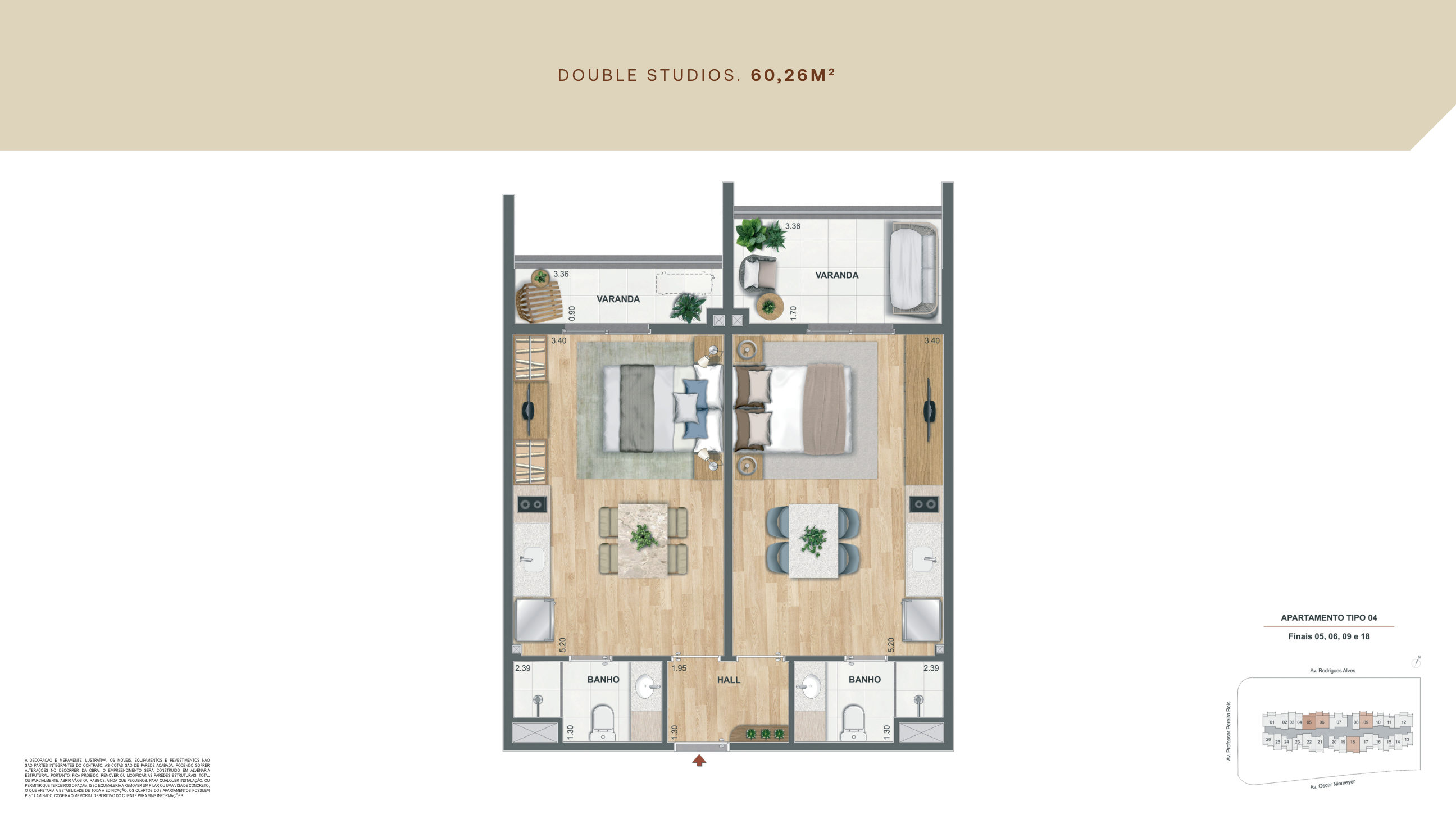 Planta Double Studios 60,26 m²