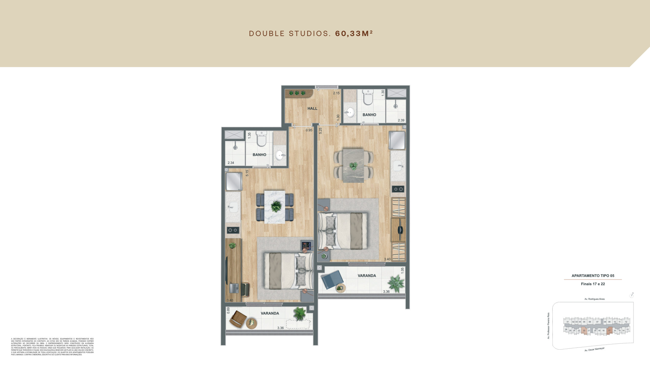 Planta Double Studios 60,33 m²