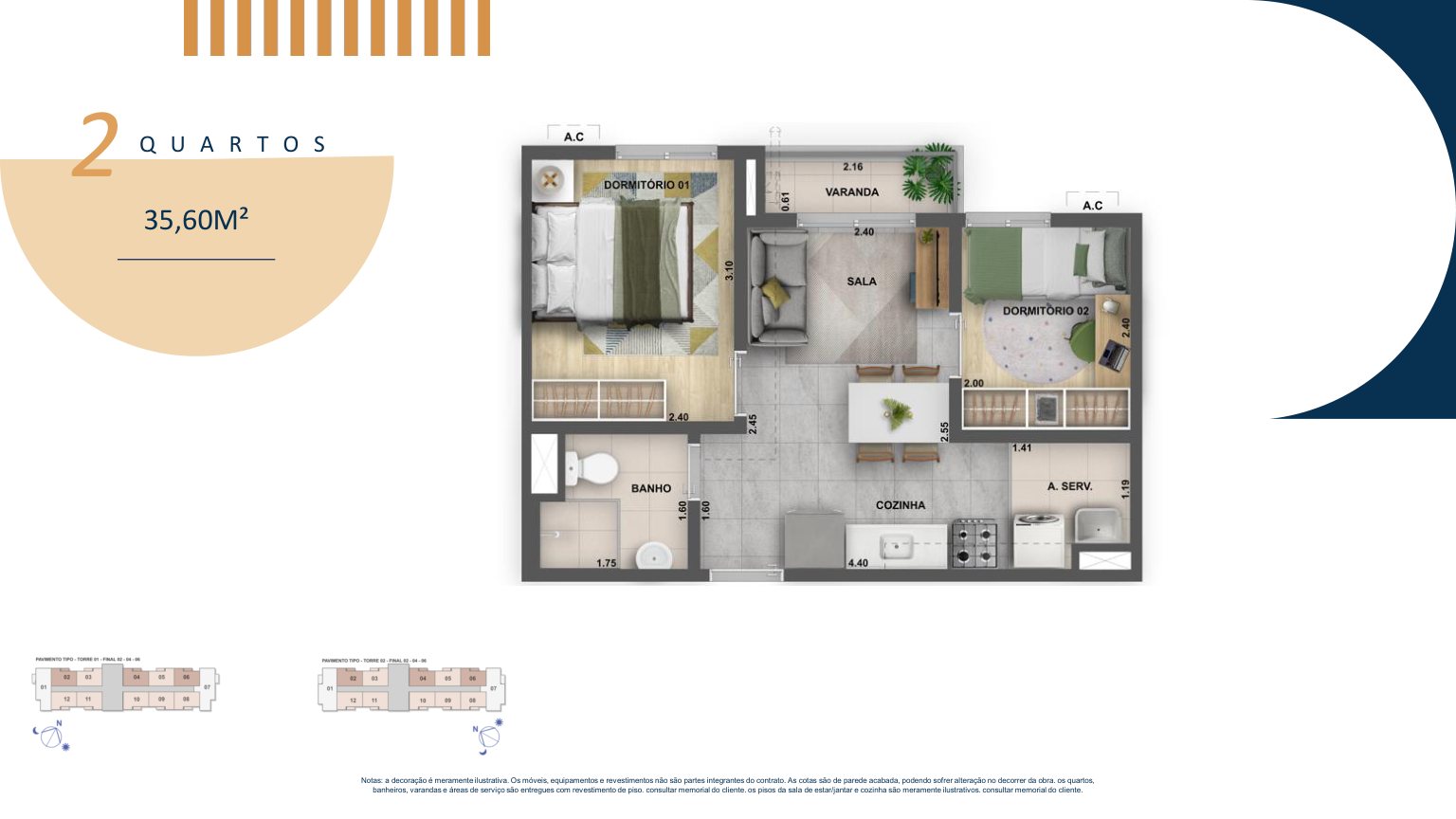 Planta de 2 quartos, 35,60 m²