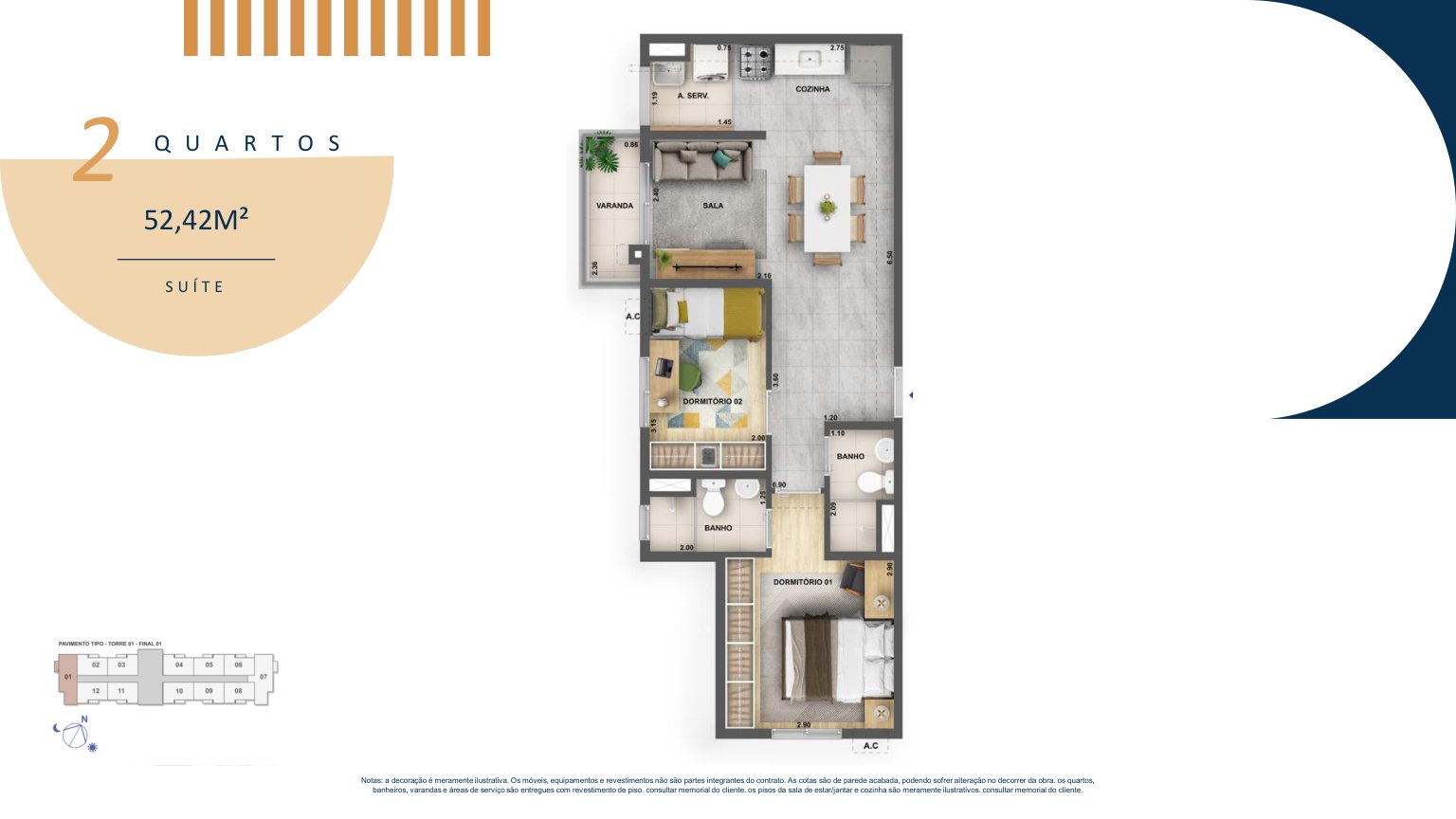 Planta de 2 quartos com suíte, 52,42 m²