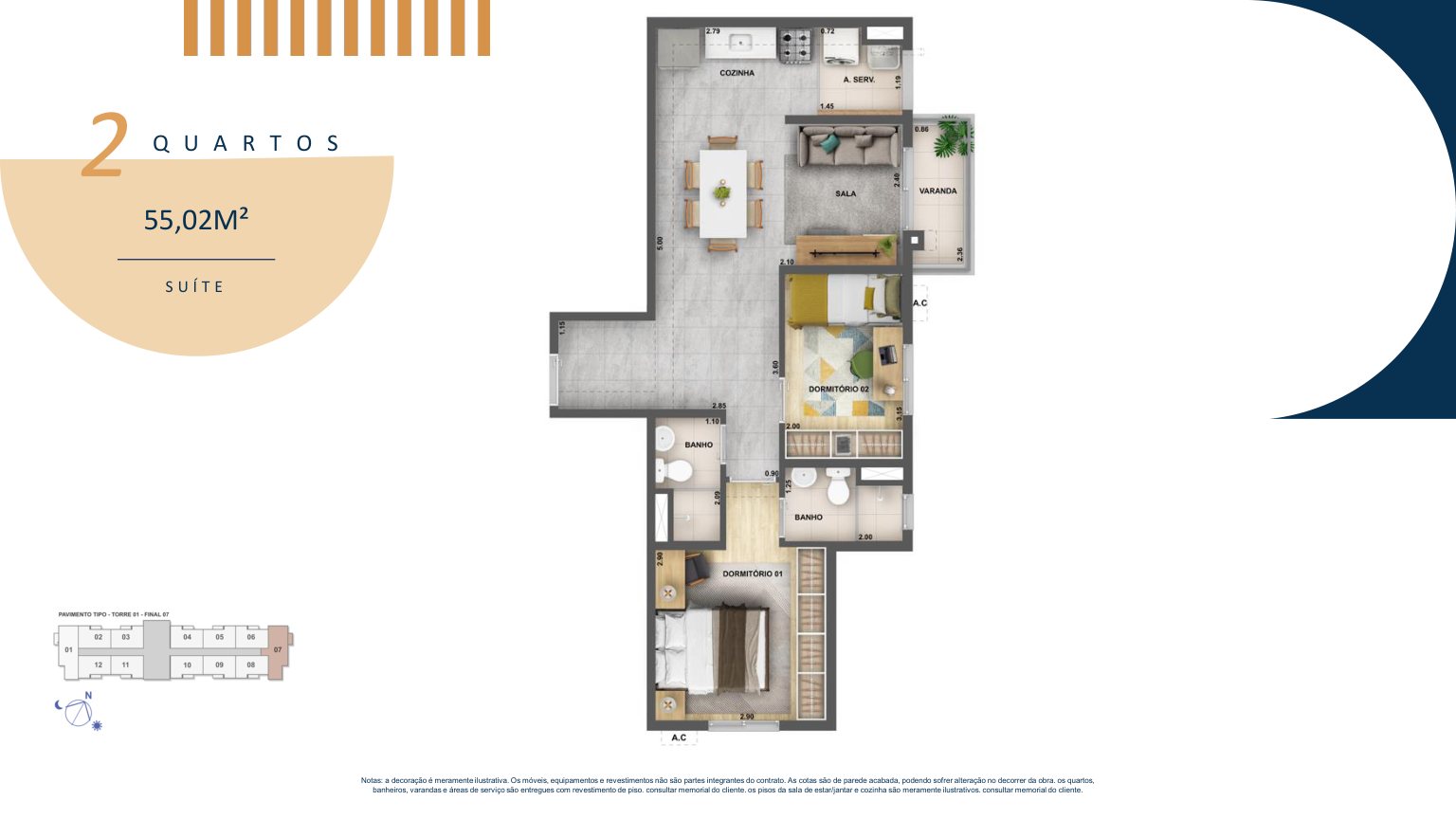 Planta de 2 quartos com suíte, 55,02 m²