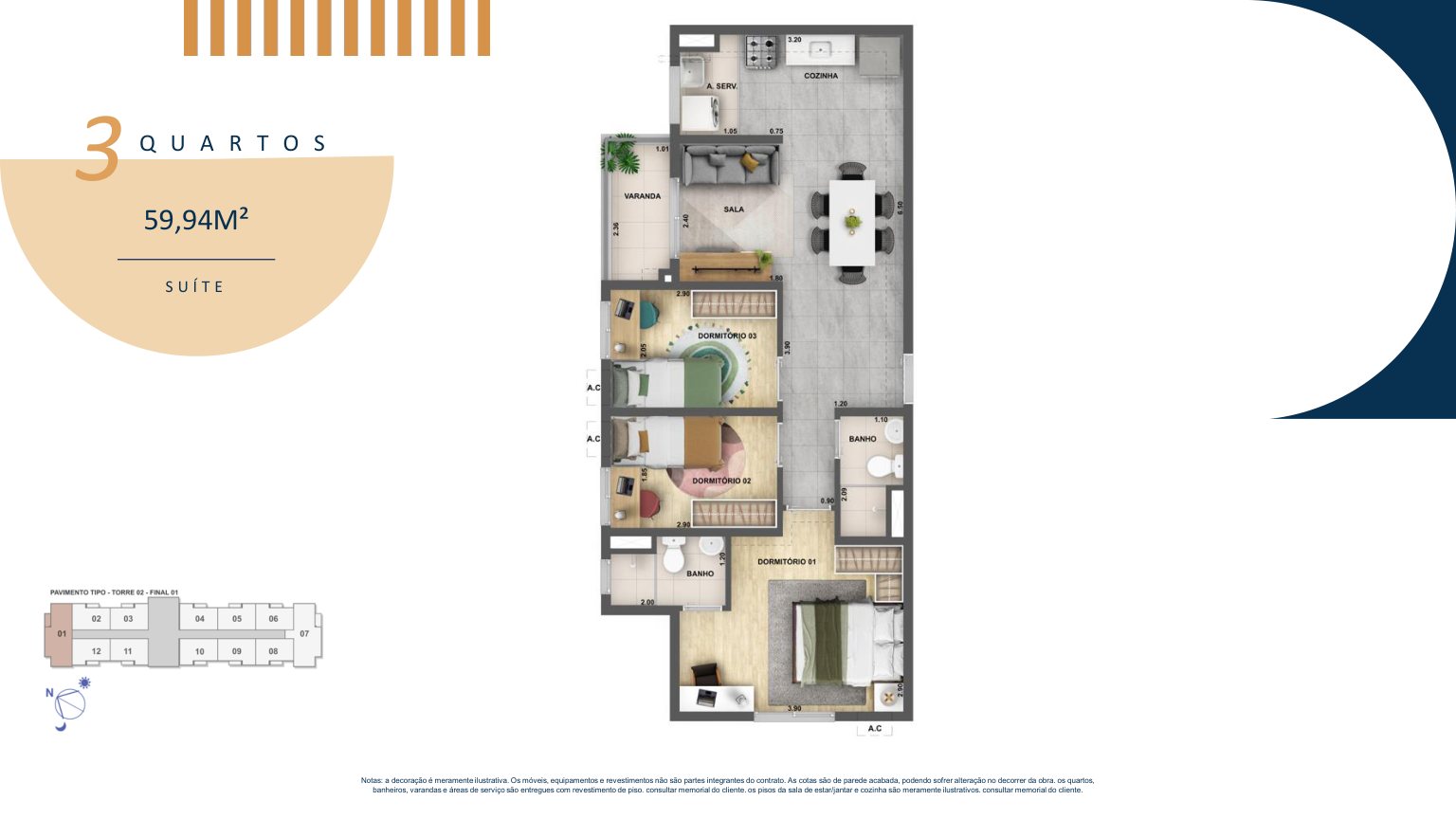 Planta de 3 quartos com suíte, 59,94 m²