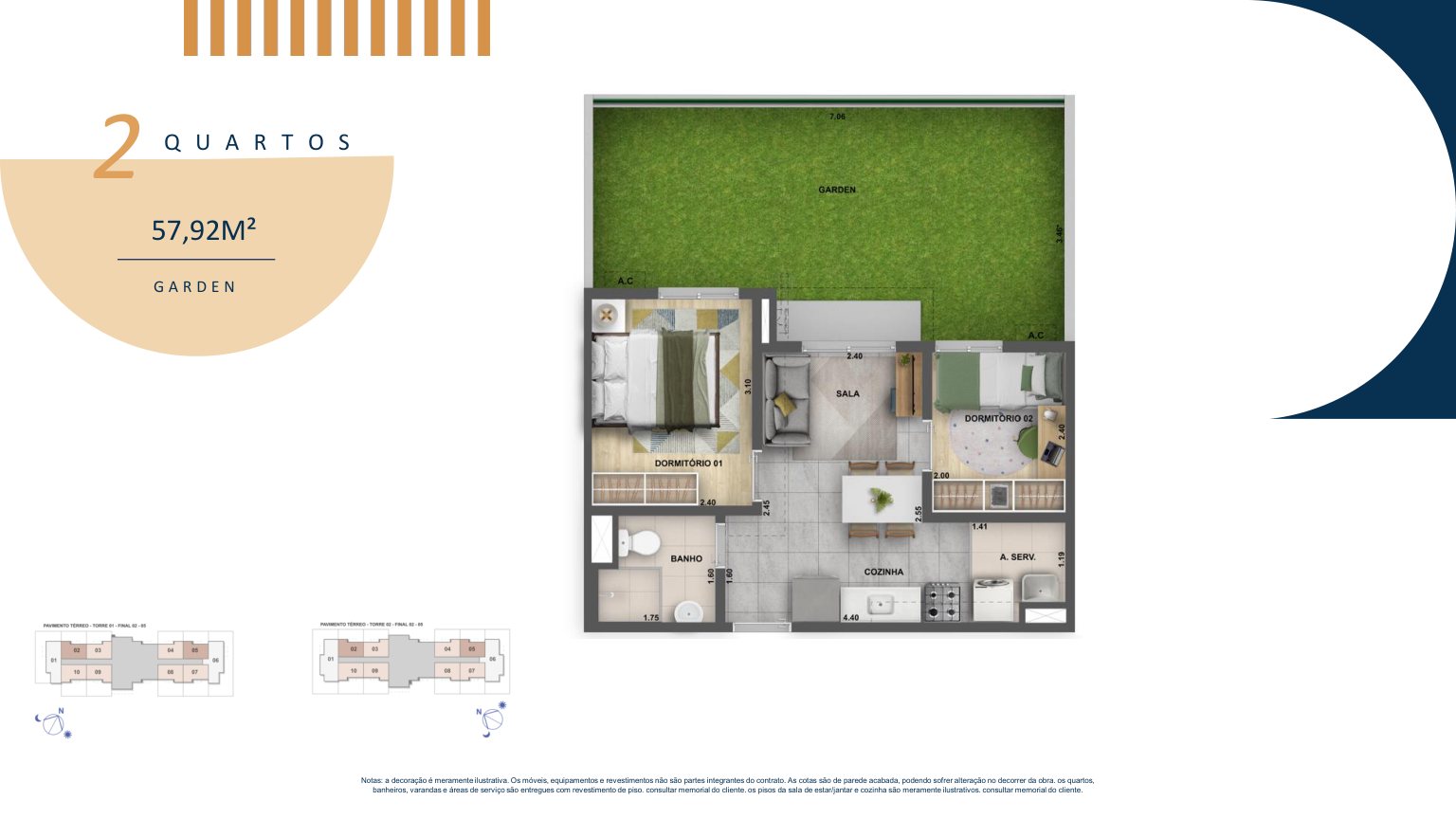 Planta de 2 quartos com garden, 57,92 m²