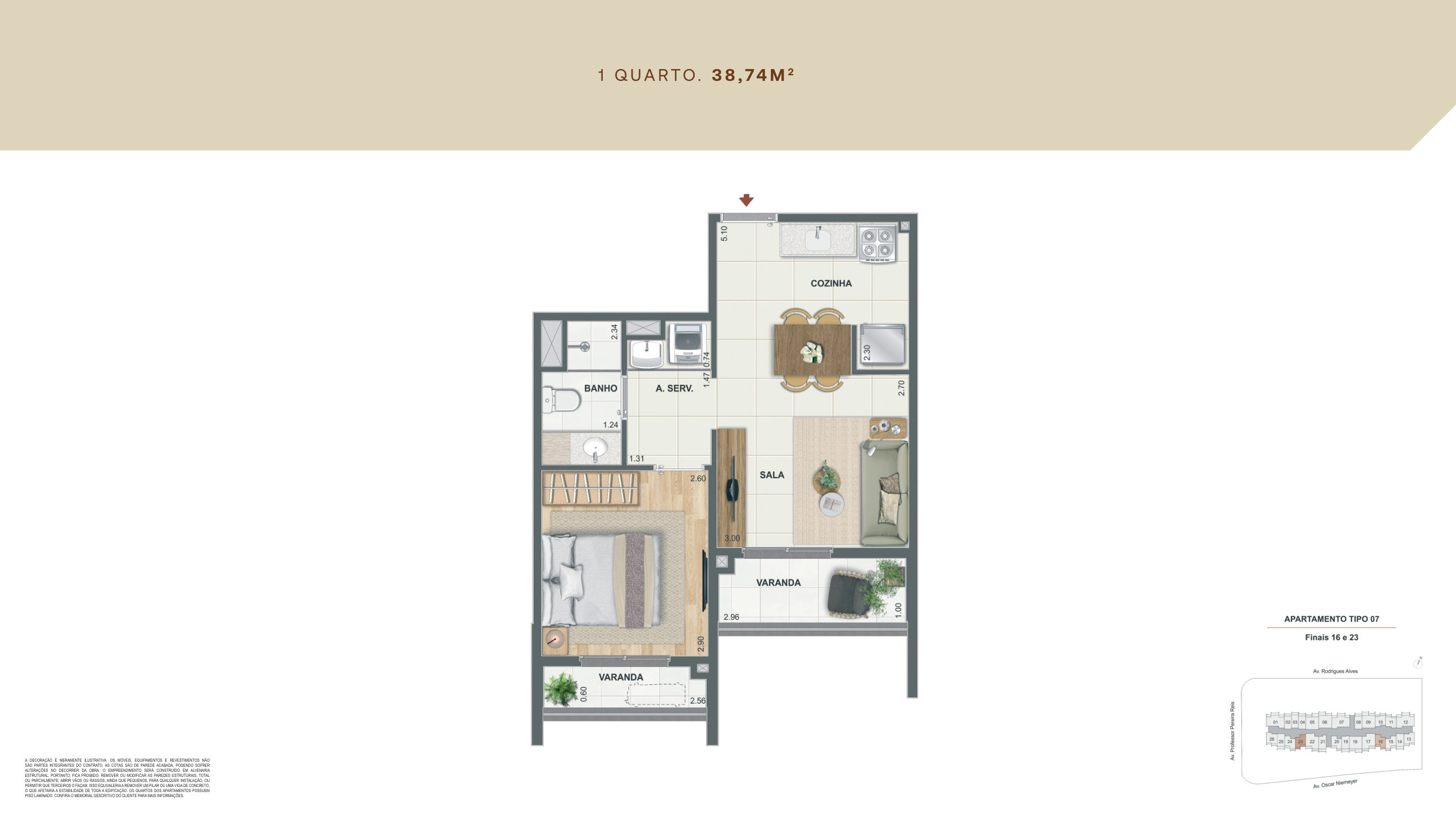Planta 1 quarto 38,74 m²