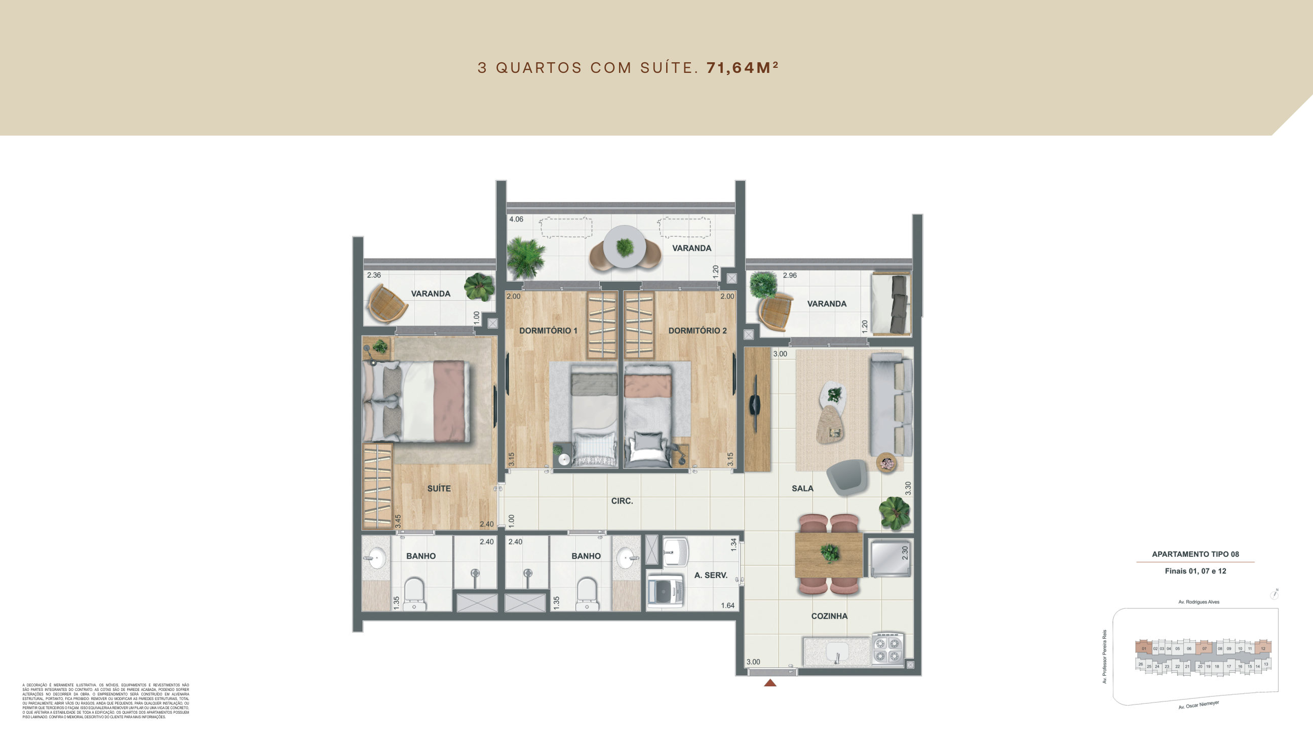 Planta 3 quartos com suíte 71,64 m²